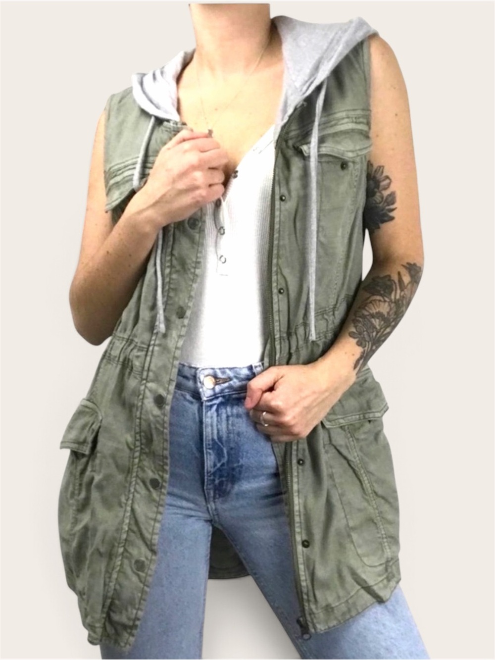 HEI HEI Green and Gray Cargo
Button Down Vest